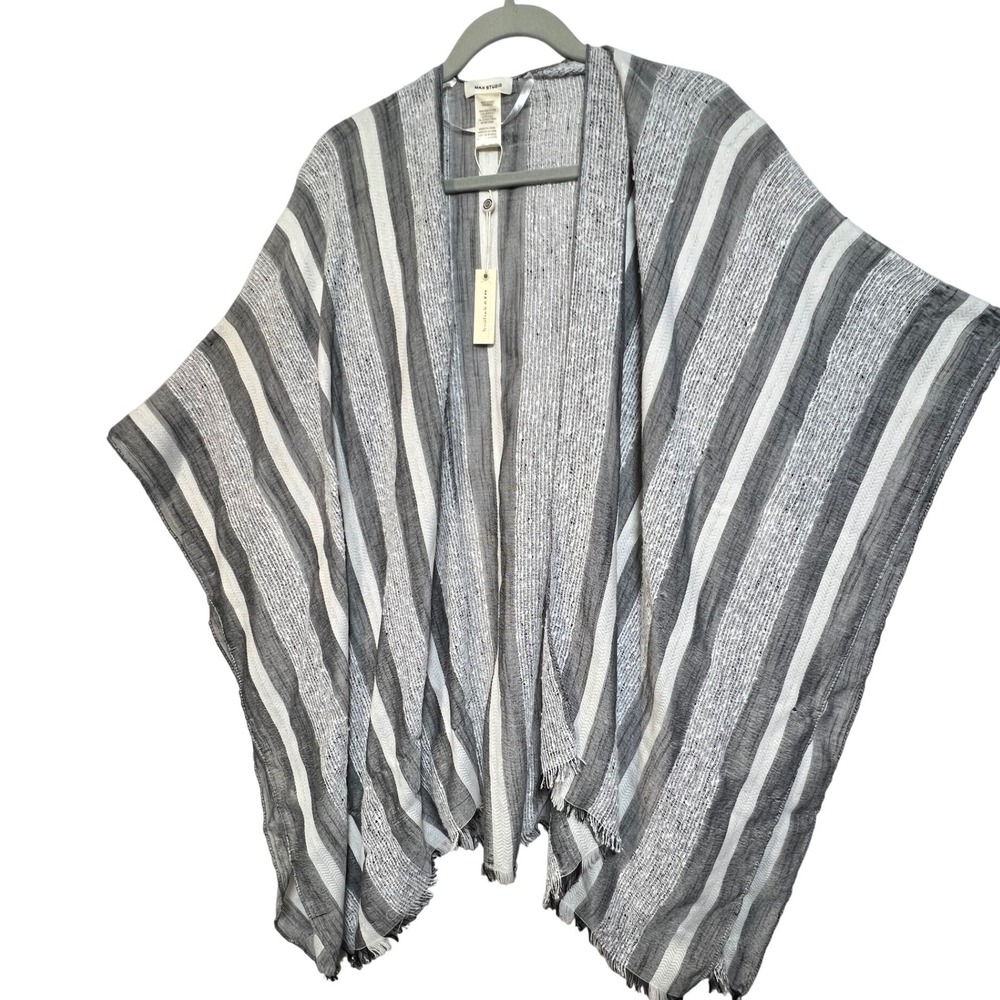 Max Studio Black White Striped Open Front Poncho Wrap Fringe One Size M Boho